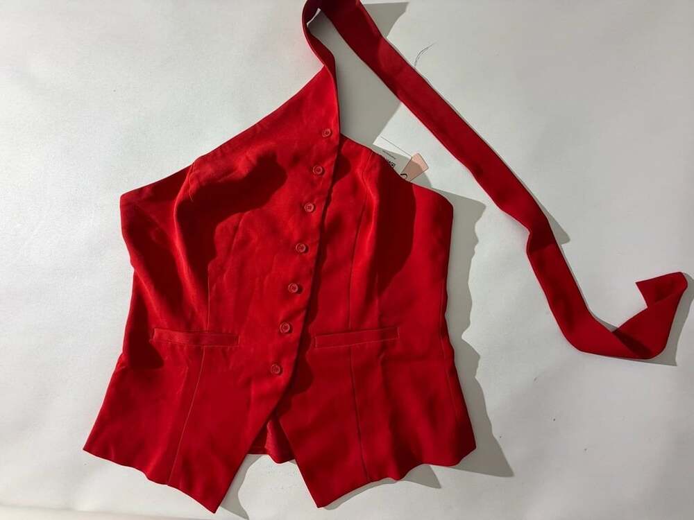 MICAS Red Asymmetric Halter Wrap Top Button Front Corset Party Chic NWT